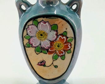 Vintage Japanese Blue Lustreware Mini Vase Hand Painted Floral Bud Vase