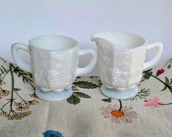 Vintage Milk Glass Creamer and Sugar Set, Grape Pattern, Pedestal Footed Cream Pitcher, Farmhouse Kitchen Decor