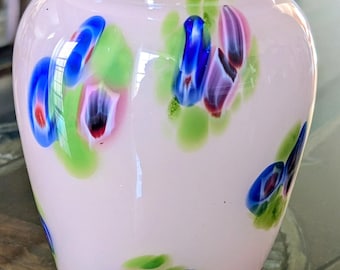 Hand Blown Art Glass Vase: Pink Opal with Millefiori Style
