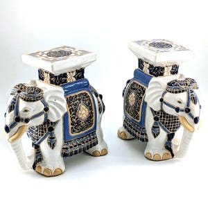 Vintage Blue White Ceramic Elephant Plant Stands Pair Chinoiserie Garden Stools Hollywood Regency Decor