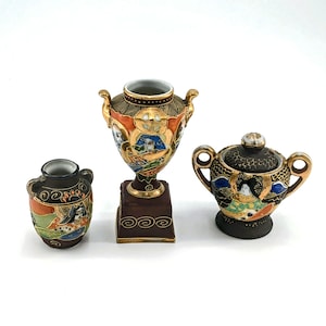 Vintage Mariage Japan Porcelain Trio Satsuma Style Vases Lidded Urn Hand Painted Moriage Gold Asian Decor