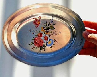 Vintage Tudor Knight England Stainless Steel Trays: Hand Painted Floral Fruit, Mid Century Set