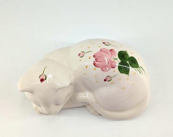 Vintage Hand Painted Floral Ceramic Cat Figurine, Cottagecore Kitty Decor