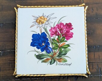 Vintage Floral Tile Trivet with Gold Frame