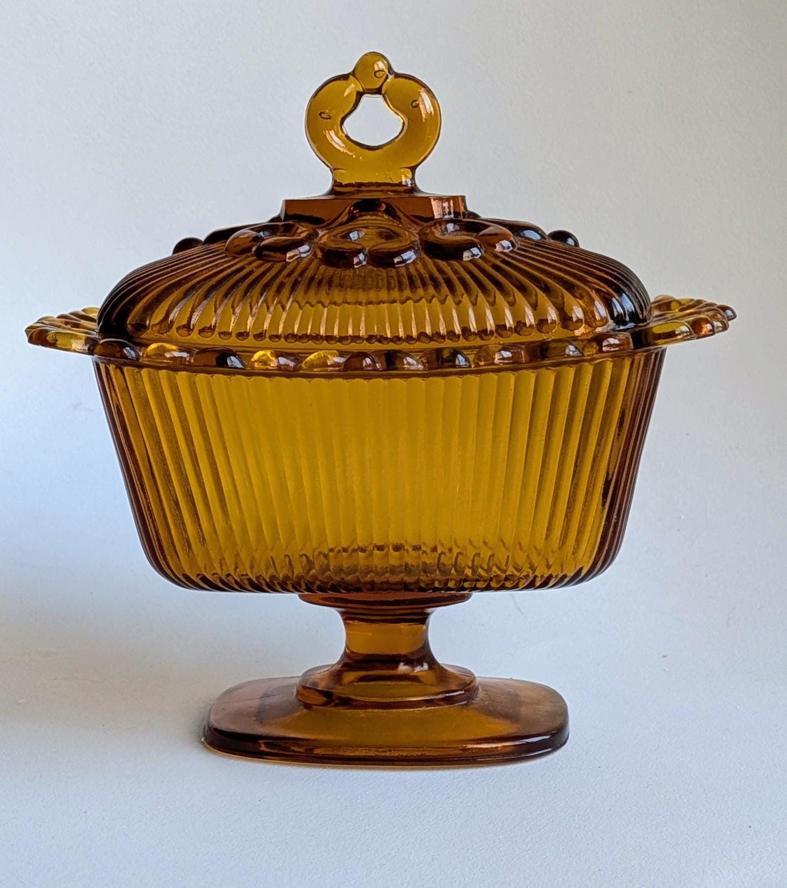 Vintage Amber Glass Pedestal Bowl, 6.5 T Depression Glass Fruit Bowl, LE Smith Amber Moon and Stars Pattern