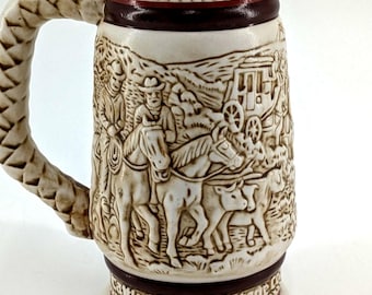 Vintage 1983 Avon Ceramic Cowboy Stagecoach Stein, Western Cattle Drive Tankard