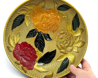 Vintage Japanese Peony Plate, Mid Century Gold Wall Decor, Chinoiserie Tray