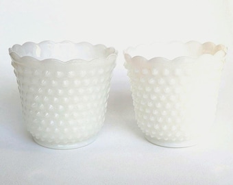Vintage Fire-King Milk Glass Planters Set of 2 | Hobnail White Glass Cache Pots | 5” Planters | Farmhouse Cottage Decor | Succulent Herb Pot