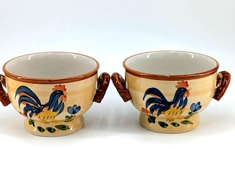 Vintage Style Rooster Soup Bowls Set of 2, Farmhouse Kitchen Decor, Double Handle Chili Bowls, Country Ceramic Serveware