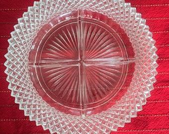 Vintage Pressed Glass Divided Serving Tray – 4 Section Relish Plate, Mid Century Clear Glass Dish