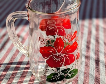 Vintage Anchor Hocking Floral Pitcher: 1950s Hand-Painted Red Flower Juice Jug