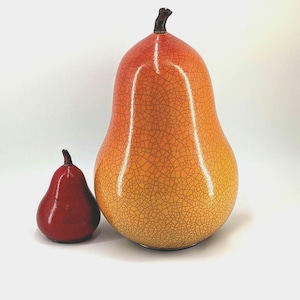 Vintage Crackle Glaze Pear Decor Set, Large Yellow, Small Red Fruit Sculptures