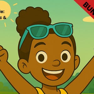 May include: Cartoon illustration of a smiling child wearing sunglasses, with arms raised in a celebratory pose. The image includes text: "Solenne's Ultimate Bundle: Strategies, Logic & Practice" and "3-in-1 Math Mastery Pack for Grades 3-5". A red banner reads "BUNDLE".