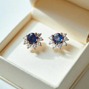 Blue Sapphire Diamond Stud Earrings | September Birthstone Jewelry | Sapphire Bridal Studs | Minimalist Wedding Earrings | Gift for Her