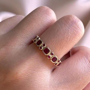 Vintage Ruby Wedding Band, Princess-Cut Ruby Ring, 925 Sterling Silver, July Birthstone, Ruby Engagement Ring Half Eternity Promise Ring