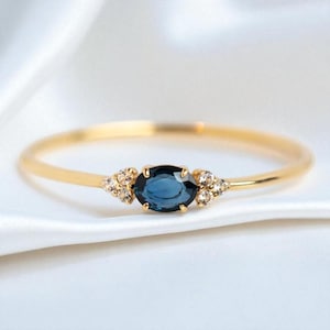 Moissanite and Sapphire Ring, 925 Sterling Silver Blue Sapphire Engagement Ring, Dainty Minimalist Ring, Diamonds and Sapphire Ring