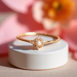 Yellow Gold Diamond Pearl Ring Dainty Freshwater Pearl Ring Natural Pearl Ring With Diamond Engagement Ring Christmas Day Gift