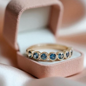 Round Cut London Blue Topaz Wedding Band Unique Yellow Gold Wedding Band Woman Half Eternity Matching Stacking Ring Promise Anniversary Ring
