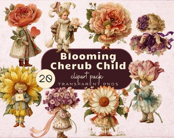 Vintage Valentine Cherub Clipart – 20 Romantic Retro Angel & Floral Illustrations | Instant Download PNG
