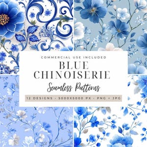 May include: A collection of seamless patterns featuring blue floral designs in the Chinoiserie style. The patterns include various arrangements of blue flowers and foliage on a white background. The text "BLUE CHINOISERIE Seamless Patterns" is displayed.