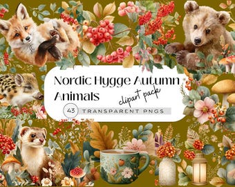 Autumn Woodland Animals Clipart: Nordic Watercolor PNG Set (Digital Download)
