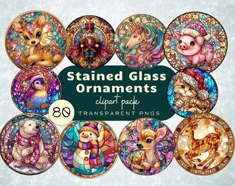 Stained Glass Christmas Ornaments PNG - Digital Download Clipart