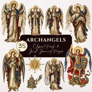 Peut inclure: Une collection numérique de 35 illustrations d'archanges, incluant des figures avec ailes, auréoles, épées, boucliers et symboles religieux. Le texte indique ARCHANGELS 35 Clipart Pack & Junk Journal Pages sur une étiquette centrale.