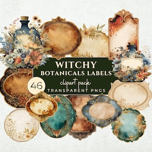 Vintage Witchy Botanical Labels -Tea-Stained PNG Stickers for Junk Journals, Apothecary Decorative Tags (Digital Download)