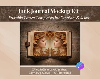 May include: A brown leather-bound journal mockup kit with the text "Junk Journal Mockup Kit" and "Editable Canva Templates for Creators & Sellers". The journal is open, displaying a mirrored image of a woman with autumn leaves. The text "14 editable mockup scenes. Easy drag & drop - no Photoshop" is also present.