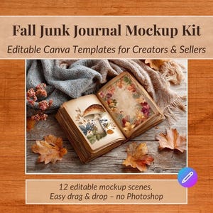 Peut inclure: Maquette de journal de rebut sur le thème de l'automne, avec des illustrations de champignons et de fleurs. L'image présente un fond en bois, des feuilles d'automne et le texte "Fall Junk Journal Mockup Kit" et "Editable Canva Templates for Creators & Sellers."