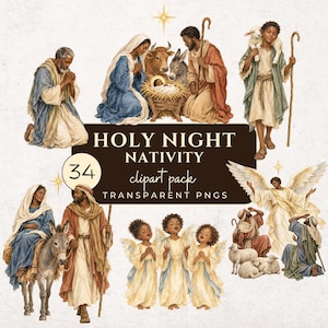 May include: A digital collection of nativity-themed illustrations featuring figures in robes, including a manger scene, angels, shepherds, and animals. The central text reads HOLY NIGHT NATIVITY clipart pack 34 TRANSPARENT PNGS in white and gold.