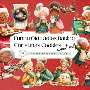 Funny Old Ladies Baking Christmas Cookie–Grandma Clipart PNG – Craft–Holiday Kitchen Art for Printables, Cards,Gifts&Stickers,winter digital