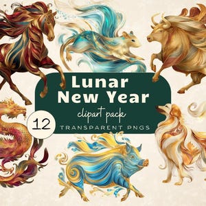 Puede incluir: Un paquete de imágenes prediseñadas digitales para el Año Nuevo Lunar, con 12 PNG transparentes de animales estilizados. Las ilustraciones incluyen un caballo, una ardilla, un buey, un dragón, un cerdo y un perro, con melenas y colas fluidas en oro, rojo y azul.