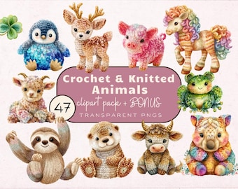 Clipart de animales de ganchillo - Amigurumi de punto en acuarela PNG / Pegatinas digitales BONUS / Descarga instantánea