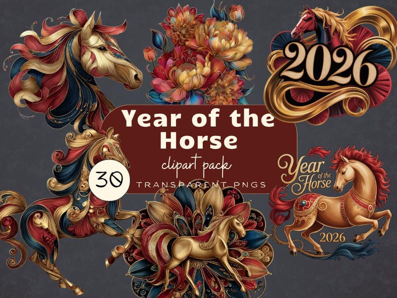 Year of the Horse Clipart - 2026 Lunar New Year Digital Download PNG - Etsy