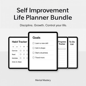 Könnte beinhalten: Ein digitales Life-Planner-Bundle zur Selbstverbesserung mit einem Habit Tracker, Zielen, Fortschritts-Tracker und To-Do-Liste. Der Text enthält "Self Improvement Life Planner Bundle" und "Discipline. Growth. Control your life."