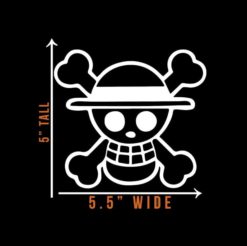 May include: White Jolly Roger skull and crossbones logo, 5 inches tall and 5.5 inches wide, on a black background. The design features a skull wearing a hat with crossed bones behind it. The image includes the words "5" TALL" and "5.5" WIDE".