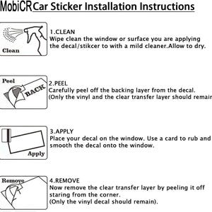 May include: Installation instructions for MobiCR car stickers. The steps include cleaning the surface, peeling the backing, applying the sticker, and removing the transfer layer. Each step is illustrated with diagrams and text.