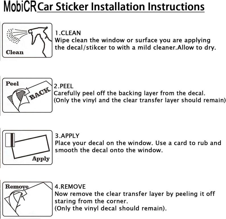 May include: Installation instructions for MobiCR car stickers. The steps include cleaning the surface, peeling the backing, applying the sticker, and removing the transfer layer. Each step is illustrated with diagrams and text.