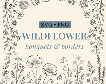 Wildflower SVG bundle floral print border hand drawn flower bouquet wildflower line art botanical flower laser engraving file wedding svg
