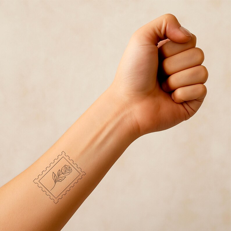May include: A black line art temporary tattoo of a rose within a rectangular frame with a scalloped edge is displayed on a wrist. The arm is flexed, with the hand in a fist. The background is a solid, neutral color.