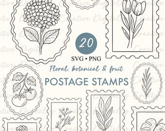 Floral postage stamp svg bundle botanical line art png files hand drawn illustrations minimalist line art fruit svg laser files tattoo art