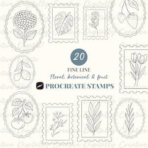 May include: A collection of 20 fine line Procreate stamps featuring floral, botanical, and fruit designs. The stamps include illustrations of a hydrangea, monstera leaf, rose, strawberries, lemons, tomatoes, and other botanical elements.
