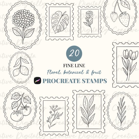 Line art procreate stamps tattoo botanical floral procreate stamps rose postage stamp design procreate brush floral hydrangea line art frame