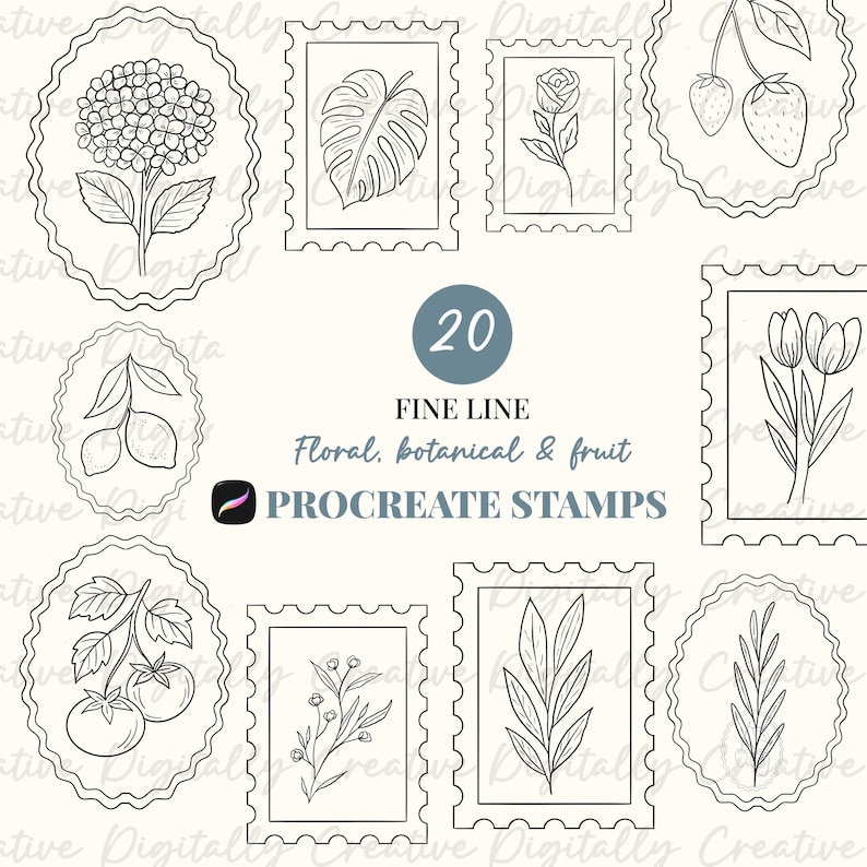 May include: A collection of 20 fine line Procreate stamps featuring floral, botanical, and fruit designs. The stamps include illustrations of a hydrangea, monstera leaf, rose, strawberries, lemons, tomatoes, and other botanical elements.