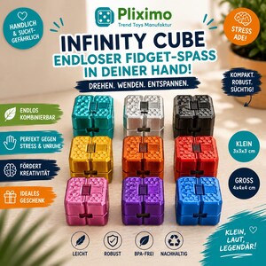 Könnte beinhalten: Neun Infinity Cubes in Türkis, Silber, Schwarz, Gelb, Orange, Rot, Pink, Lila und Blau, jeweils mit einer strukturierten Wabenoberfläche. Das Bild enthält deutschen Text wie Pliximo, Infinity Cube und verschiedene beschreibende Labels.