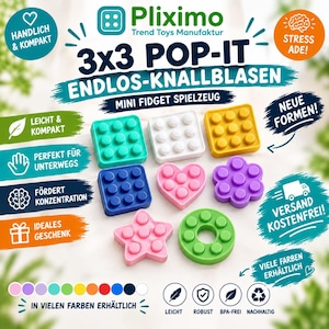 Pode incluir: Uma coleção de brinquedos sensoriais de silicone em várias formas, incluindo quadrados, um coração, uma flor, uma estrela e um círculo. Os brinquedos apresentam bolhas circulares em relevo. O texto na imagem inclui Pliximo, 3x3 POP-IT e ENDLOS-KNALLBLASEN.
