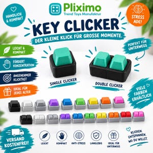 Könnte beinhalten: Eine Sammlung von Pliximo Key Clicker Fidget Toys mit einzelnen und doppelten mechanischen Tastaturtasten in verschiedenen Farben wie Grün, Schwarz, Weiß, Grau, Lila, Blau, Gelb, Orange und Pink, inklusive Textbeschriftungen.