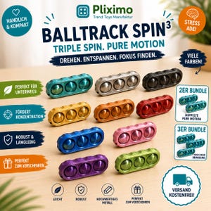 Könnte beinhalten: Eine Sammlung von zehn rechteckigen Fidget-Spielzeugen mit der Aufschrift Balltrack Spin3, die jeweils drei kreisförmige, rotierende Metallkomponenten enthalten. Die Spielzeuge sind in verschiedenen Metallic-Farben wie Türkis, Silber, Schwarz, Gold, Kupfer, Rot, Blau, Pink, Lila und Grün dargestellt.