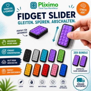 Könnte beinhalten: Ein rechteckiger Fidget Slider mit einer strukturierten violetten Oberfläche und einem schwarzen Rahmen. Das Bild zeigt mehrere Slider in verschiedenen Farben wie Schwarz, Silber, Blau, Violett, Grün, Gelb, Orange, Rot und Pink sowie Text und Symbole.